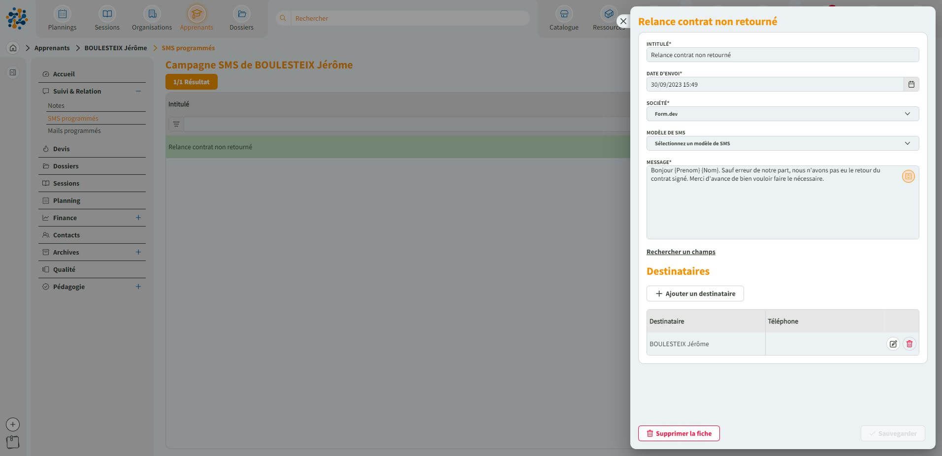 Envoyez vos sms dans Formdev